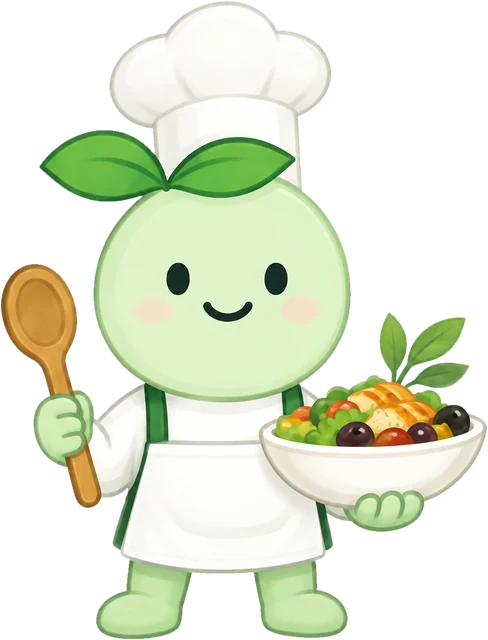 The Helthee chef mascot holding a spoon and a bowl of salad