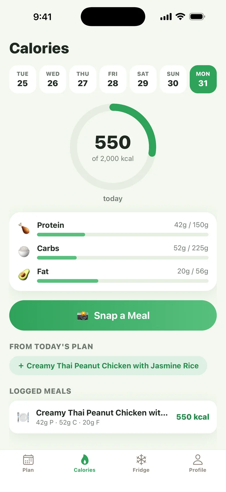 Calorie tracking with the day's calories and macros