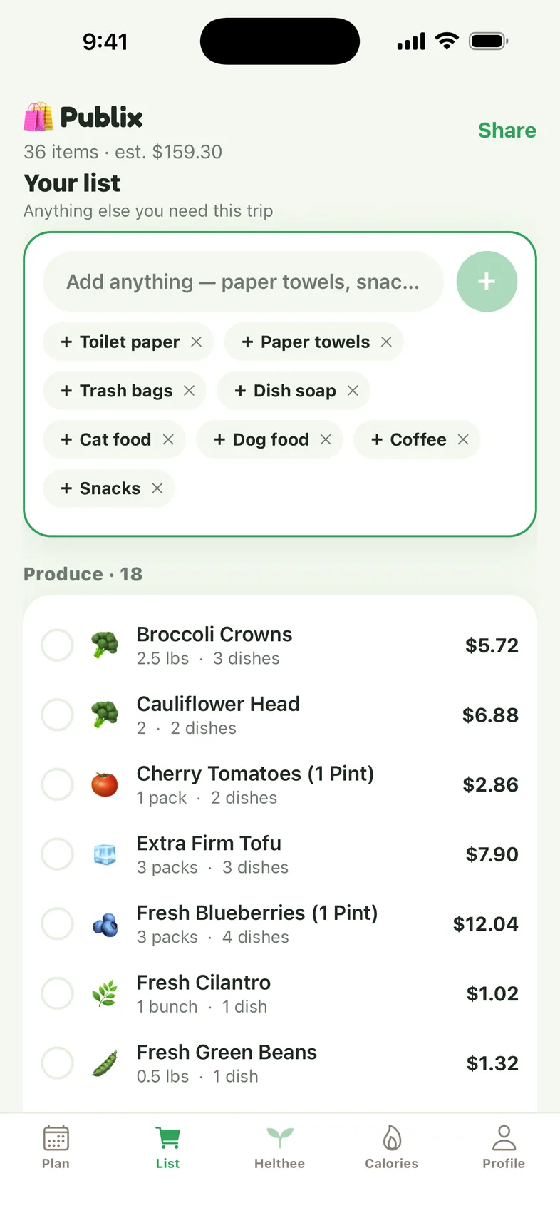 The Helthee shopping list sorted by aisle with estimated prices