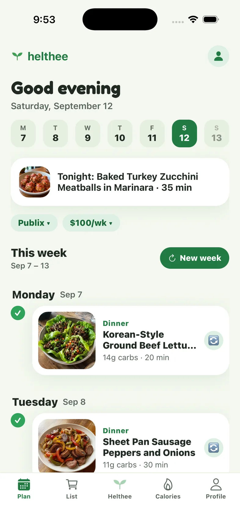 A week of dinners planned in the Helthee app, one card per day