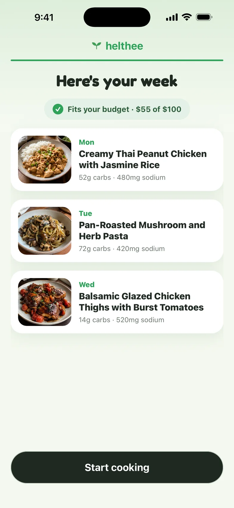 A full week of dinners in the Helthee app